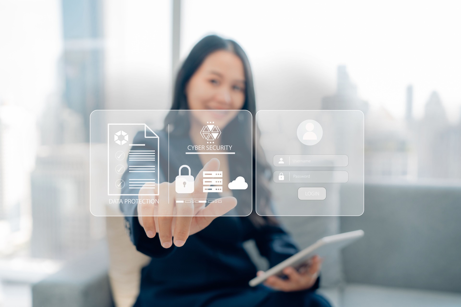 Businesswomen protecting personal data on tablet and virtual interfaces. Businesswomen protecting personal data on tablet and virtual interfaces.